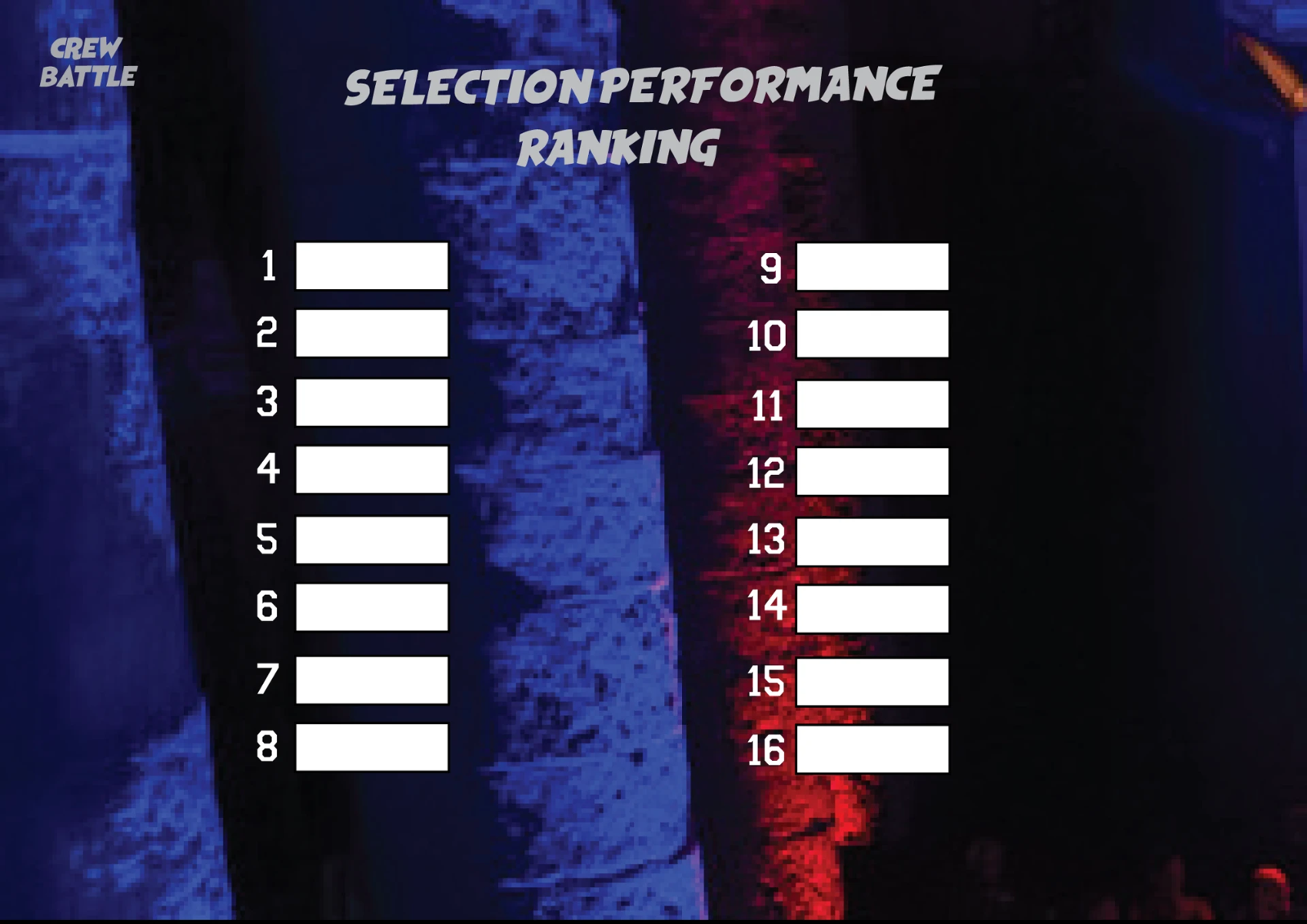 Selection performance ranking: numbered spots 1 to 16 for the crews that make the battle bracket