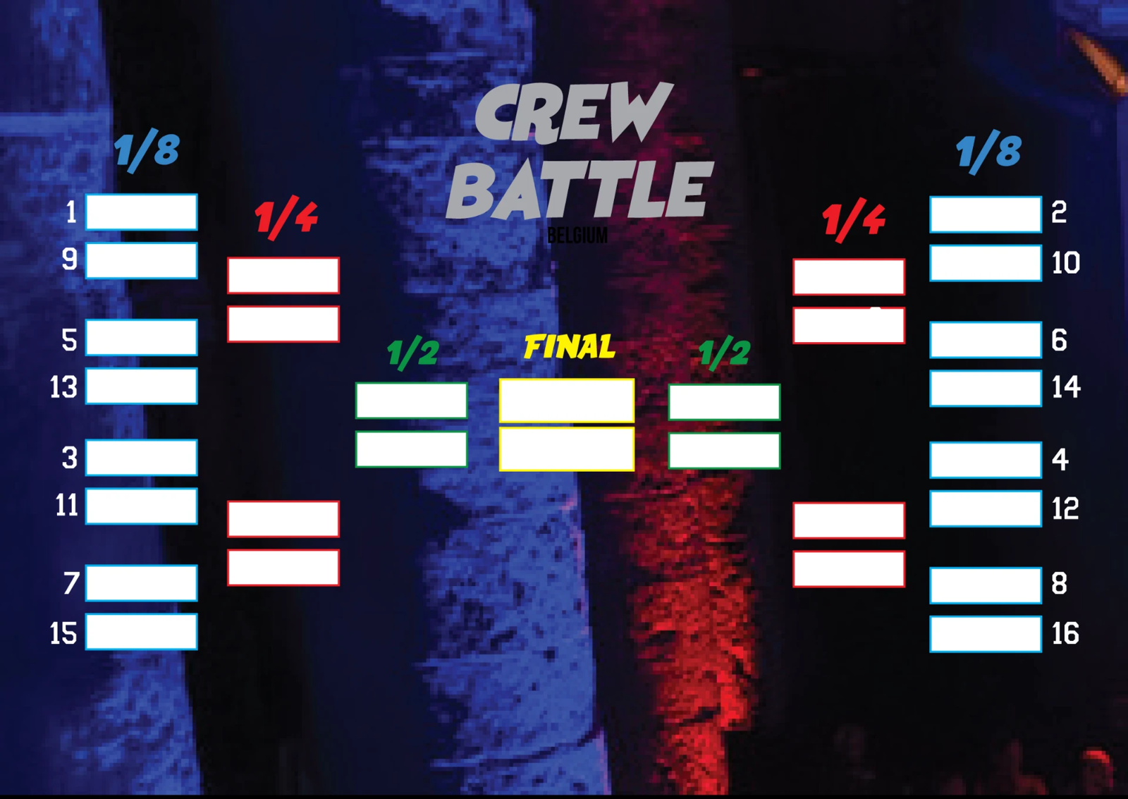 Crew Battle bracket: 1/8 final, 1/4 final, 1/2 final and final leading to one champion