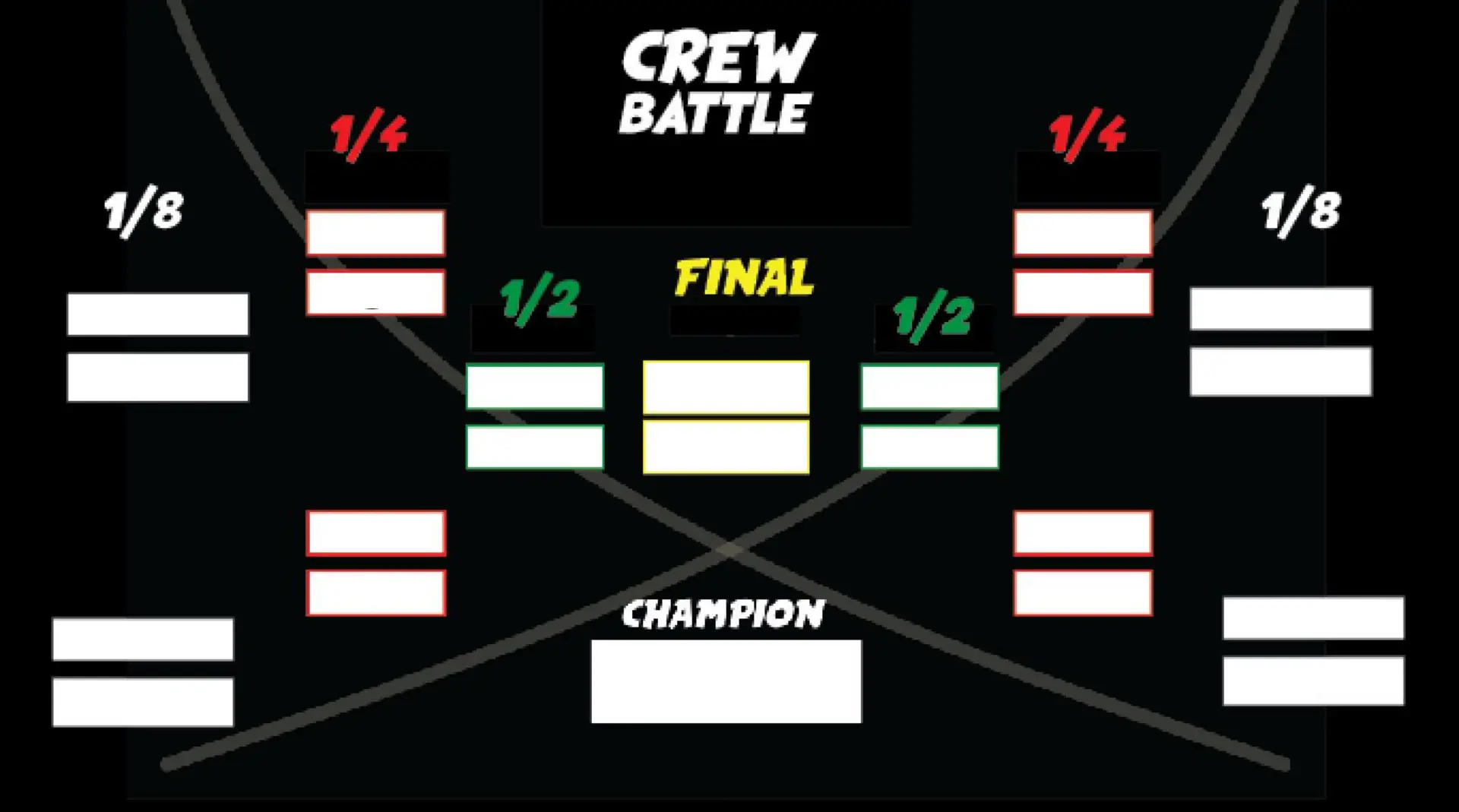 Crew Battle bracket: 1/8 final, 1/4 final, 1/2 final and final leading to one champion